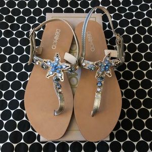Derimod Gold and Blue Star Jeweled Leather Sandals